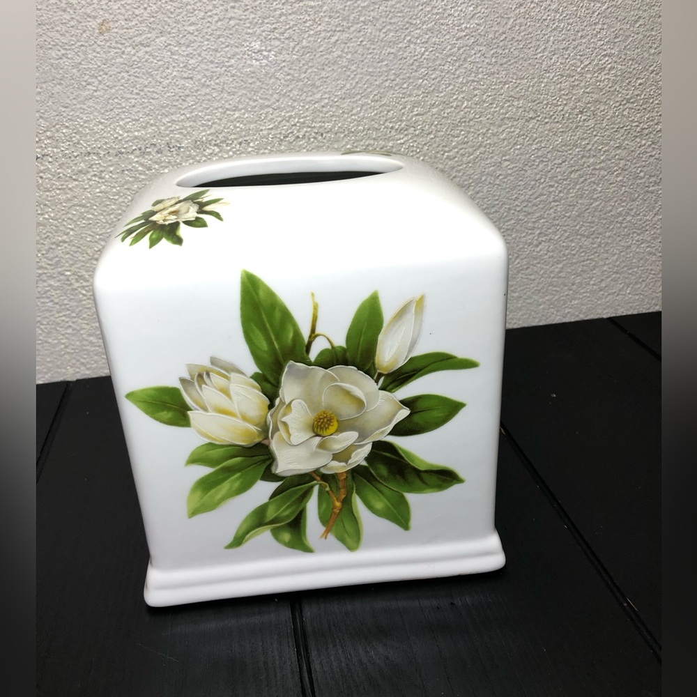 Liette International ceramic square tissue box cover, magnolia floral motif.